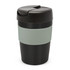 A drink bottle with a black and light green design, featuring a secure lid and a textured grip band.