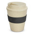 A drink bottle in a natural beige colour with a black silicone band and a lid, featuring a logo.