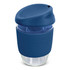 A drink bottle featuring a blue silicone sleeve and lid, made of clear borosilicate glass, with a brand logo.