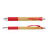 A bamboo pen featuring a silver tip and red accents, including a grip and clip. The pen has a logo.