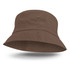 A brown bucket hat featuring a wide brim and eyelets, displayed against a white background.