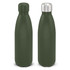 A drink bottle in olive green with a powder-coated finish and a stainless steel lid. Features a simple branding logo.
