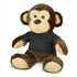 A plush monkey toy with brown fur and a black shirt, sitting upright with a soft, friendly expression.