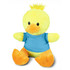 A yellow plush duck with an orange beak and feet, wearing a blue shirt, features a fluffy tuft on its head.