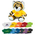 A plush toy tiger with orange and black stripes, wearing a yellow shirt featuring a logo.