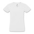 A white women's V-neck T-shirt featuring short sleeves and a logo on the inside neck.