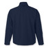 A navy softshell jacket featuring a high collar and a logo on the back.