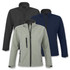 A collection of SOLS Roxy women's softshell jackets in black, navy, and green, featuring a logo on each jacket.