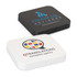 A square wireless charger in black and white, featuring two logos on the surface.