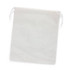 A large drawstring gift bag in a light grey colour featuring a pull string closure. It has a simple design and a logo.