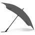 A black umbrella with a curved design and a sturdy handle, featuring a logo on the canopy.