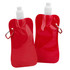 A drink bottle in vibrant red, with a flexible design and a cap, featuring a metal loop for attachment.