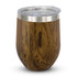 A drink bottle featuring a wooden grain finish with a silver band and a clear lid.