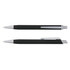 A metal pen with a black grip and chrome accents, featuring a clip and a smooth writing tip. Contains a logo.