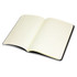 A Moleskine Cahier Journal with a black cover and cream-lined pages, open and empty. It features a simple design and a logo.