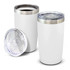 A drink bottle set featuring two white vacuum cups with stainless steel accents and clear lids.