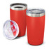A drink bottle set featuring two red vacuum cups with stainless steel accents and clear lids.