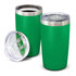 A drink bottle set featuring two green vacuum cups with stainless steel accents and clear lids.