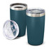 A drink bottle in a deep teal colour with a stainless steel lid and a transparent plastic cover beside it.