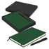A green Moleskine notebook and black pen displayed within a black gift box. The set includes an elastic band and ribbon bookmark.