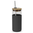 A glass tumbler with a black silicone sleeve, bamboo lid, and stainless steel straw.