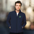 A men's softshell jacket in navy blue, featuring a logo on the left chest area.