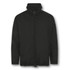 A black windbreaker jacket with a zip front and stand-up collar, featuring elastic cuffs and a drawstring hem.