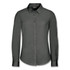 A dark grey women's long sleeve button-up shirt with a collar and front buttons. Features a logo on the label.