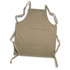 A khaki apron with a front pocket and adjustable ties, featuring a logo on the front.