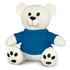 A white plush bear toy with a blue shirt, featuring black eyes and paw prints on its feet.