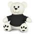A white plush bear toy wearing a black shirt, featuring black facial details and paw prints. It has a friendly expression.