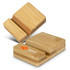 A bamboo phone stand in natural wood tone with a logo, featuring two angled slots for phone support.