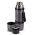 A drink bottle in grey with a stainless-steel top, featuring a removable cup and a carrying handle.