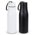 A drink bottle set featuring a sleek black and white design, each with a carry strap and a logo.