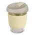 A drink bottle featuring a light yellow body with a textured silicone grip and a grey, textured lid. It has a logo.