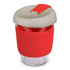 A drink bottle featuring a clear glass body, red silicone sleeve, and a grey lid with a red clip.