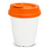 A drink bottle designed like a coffee cup, featuring a white body and an orange lid. It has a ridged surface and a logo.