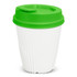 A drink bottle featuring a white body with a green lid and a textured design. It includes a logo on the surface.