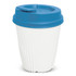 A drink bottle with a white body and a blue lid, featuring a ridged design and a logo.