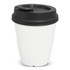 A drink bottle featuring a white body and a black lid, designed with ridges for grip. It has a logo on the side.