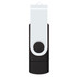 A dual flash drive in black and white, featuring a swivel mechanism and a branding logo.