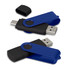 A blue and black Helix 8GB dual flash drive, with a protective cap on top, showcasing its USB connector.