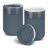 A ceramic coffee cup in teal with a grey lid, featuring a sleek, modern design and a branding logo.