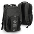 A dark green backpack with black detailing and a logo on the front, featuring adjustable straps and multiple compartments.