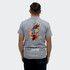 A grey men's polo shirt featuring a colourful design on the back and a logo at the bottom.