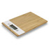A bamboo kitchen scale with a digital display and buttons, featuring a natural wood finish. It has a logo on it.