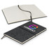 A grey RPET felt soft cover notebook with a ribbon closure and lined pages, featuring a logo on the front.