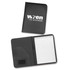 A black portfolio featuring a logo, with an interior pocket and a lined notepad.