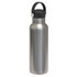 A stainless steel drink bottle with a black carry lid and a sleek, modern design. It features a branding logo.