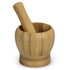 A bamboo mortar and pestle set, featuring a smooth, light brown finish, placed on a white background.